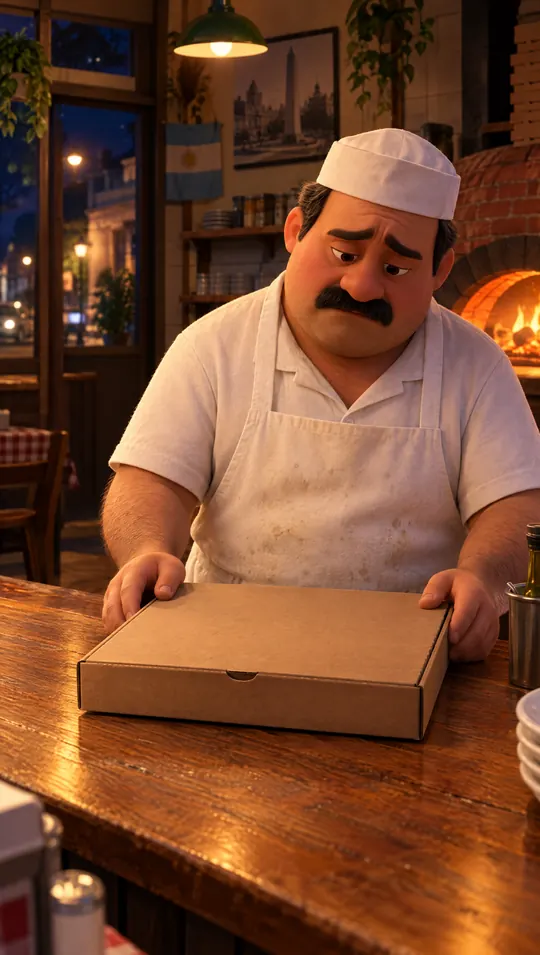 Antes: el pizzero mira triste una caja de pizza lisa, sin marca